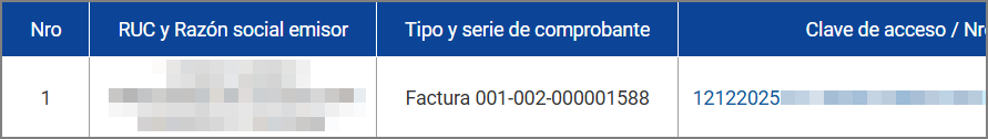 Portal del SRI: tabla con el listado de comprobantes electrónicos encontrados