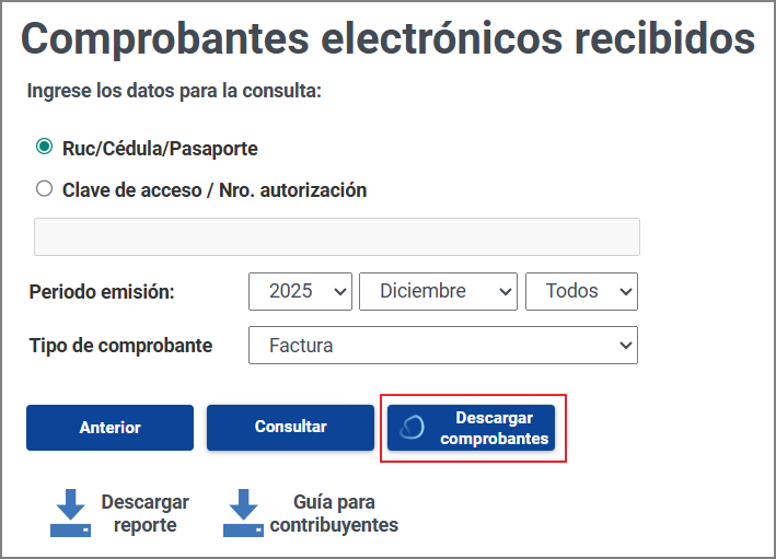 Portal del SRI: botón Descargar comprobantes añadido por la extensión Descargador Masivo SRI