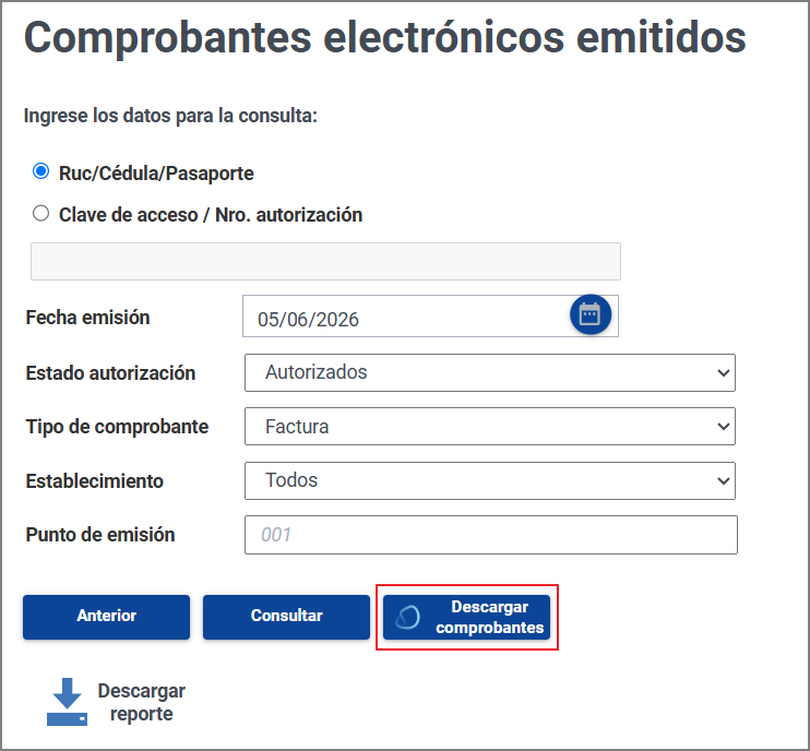 Portal del SRI: botón Descargar comprobantes añadido por la extensión Descargador Masivo SRI