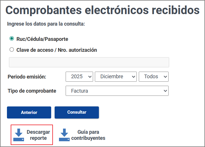 Portal del SRI: botón Descargar reporte de comprobantes electrónicos