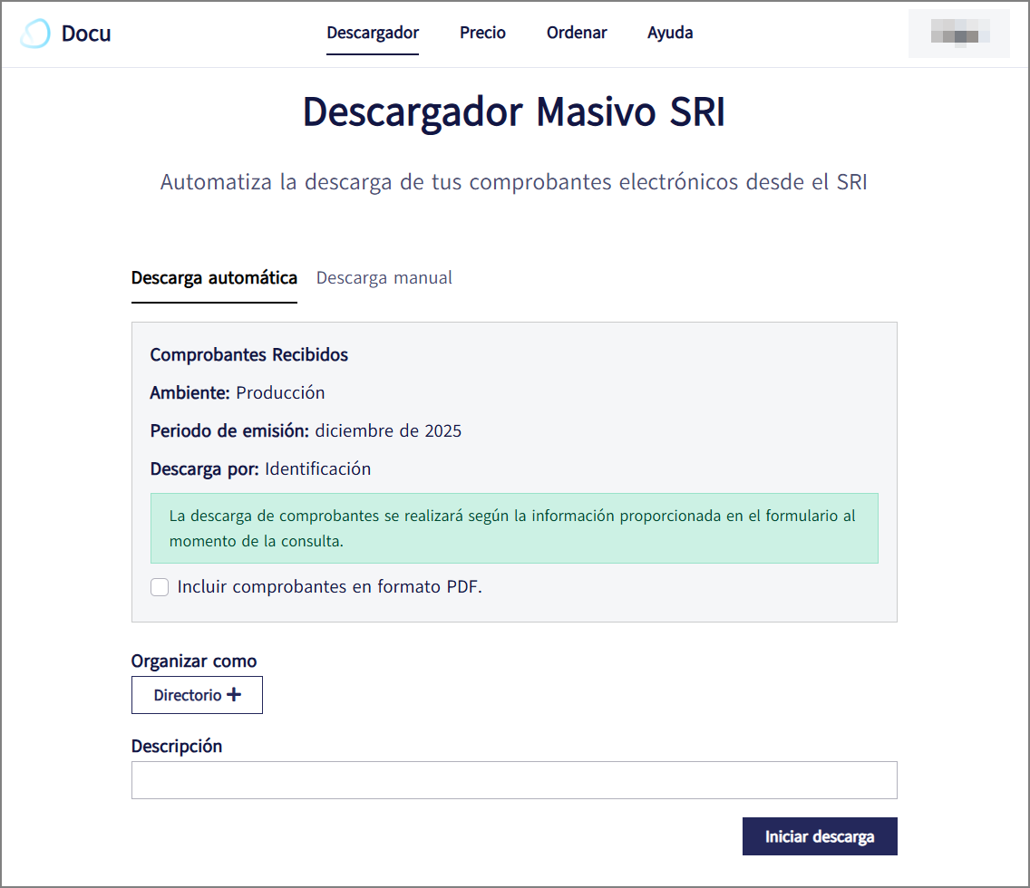 Descargador Masivo SRI: interfaz de descarga automática con parámetros detectados desde el portal del SRI