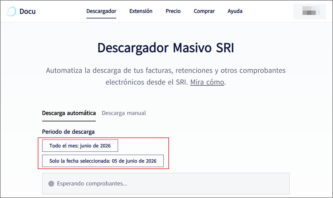 Descargador Masivo SRI: interfaz de descarga automática con parámetros detectados desde el portal del SRI