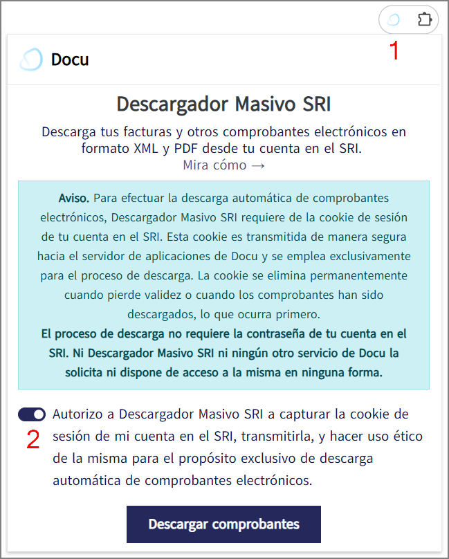 Extensión Descargador Masivo SRI: pantalla de permisos para habilitar el acceso a las cookies del SRI