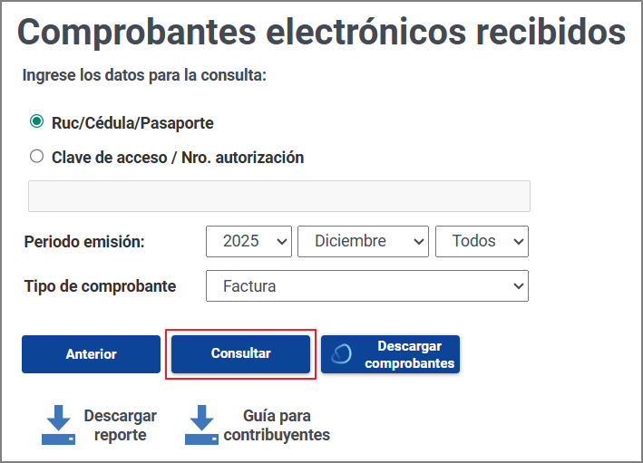 Portal del SRI: botón Consultar con los criterios configurados