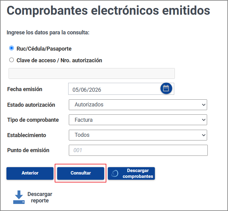 Portal del SRI: botón Consultar con los criterios configurados