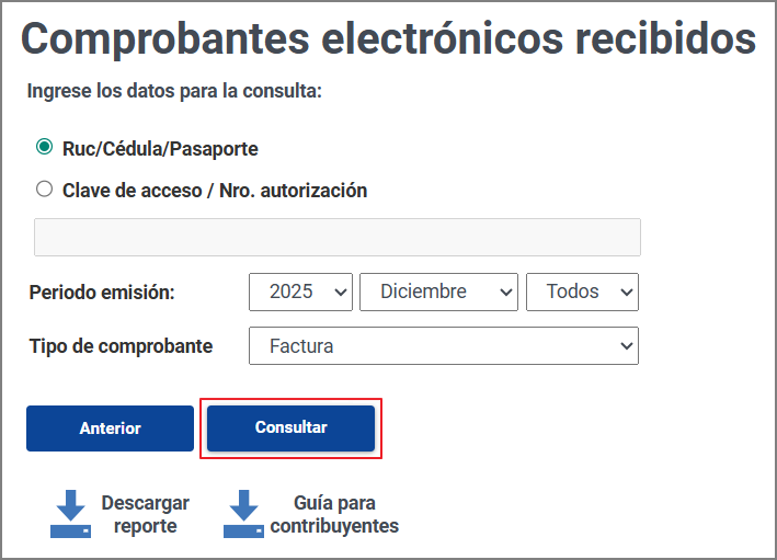 Portal del SRI: botón Consultar para la descarga manual de comprobantes