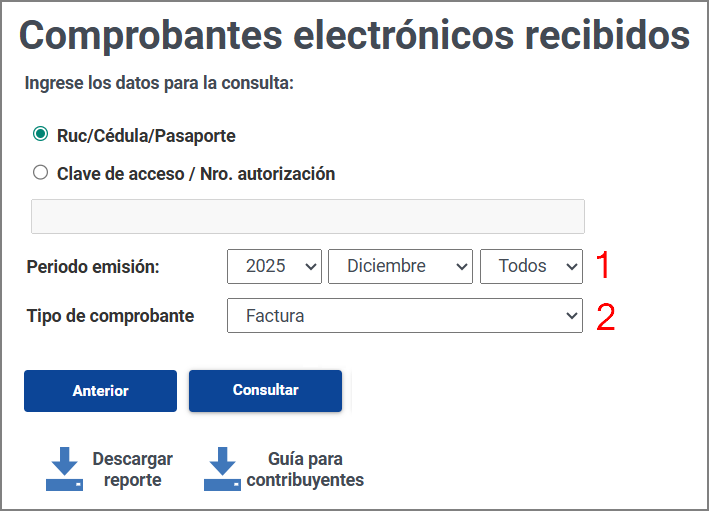 Portal del SRI: formulario de consulta de comprobantes electrónicos para descarga manual