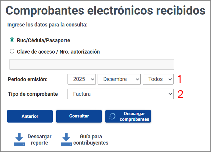 Portal del SRI: formulario de consulta de comprobantes electrónicos con criterios de búsqueda configurados