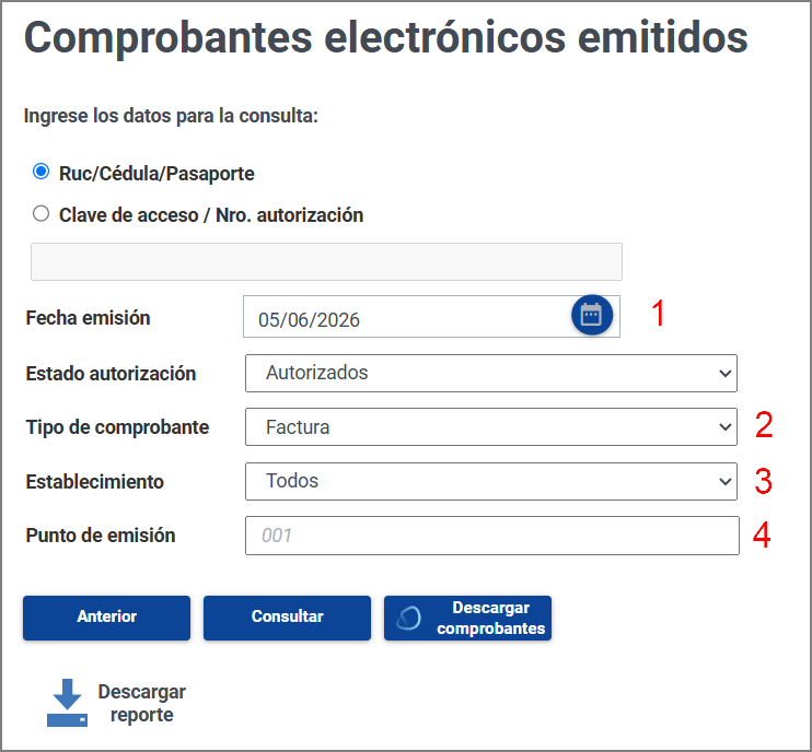 Portal del SRI: formulario de consulta de comprobantes electrónicos con criterios de búsqueda configurados