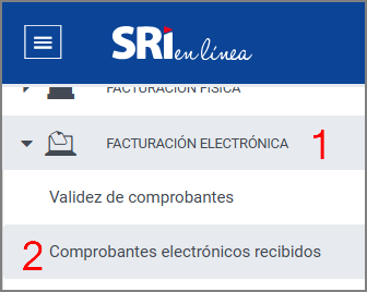 Portal del SRI: menú de facturación electrónica con la opción Comprobantes electrónicos recibidos