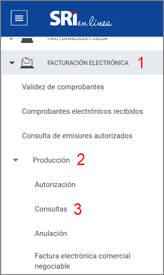 Portal del SRI: menú de facturación electrónica con la opción Comprobantes electrónicos emitidos