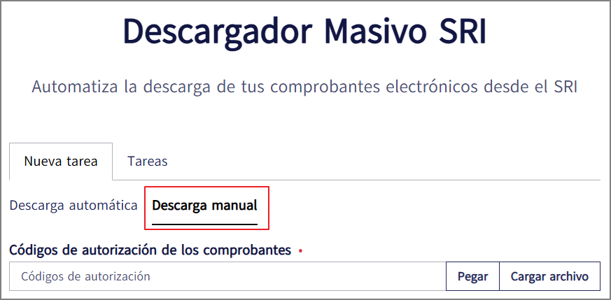 Descargador Masivo SRI: pestaña Descarga manual