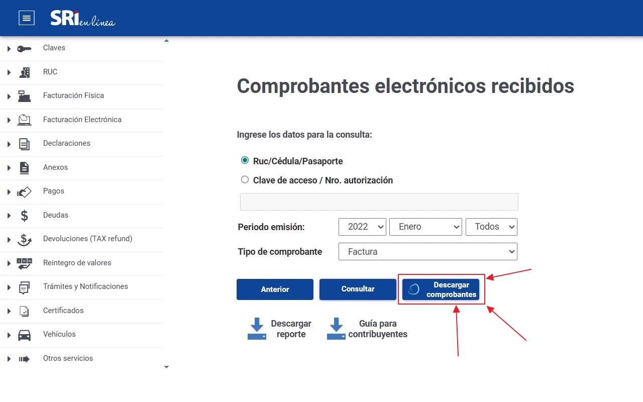 Descarga de comprobantes en el portal del SRI